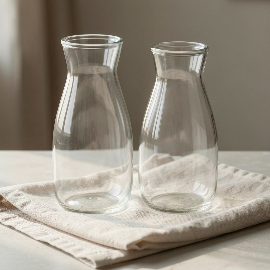 Vasos de vidrio transparente secándose sobre un paño limpio sin personas