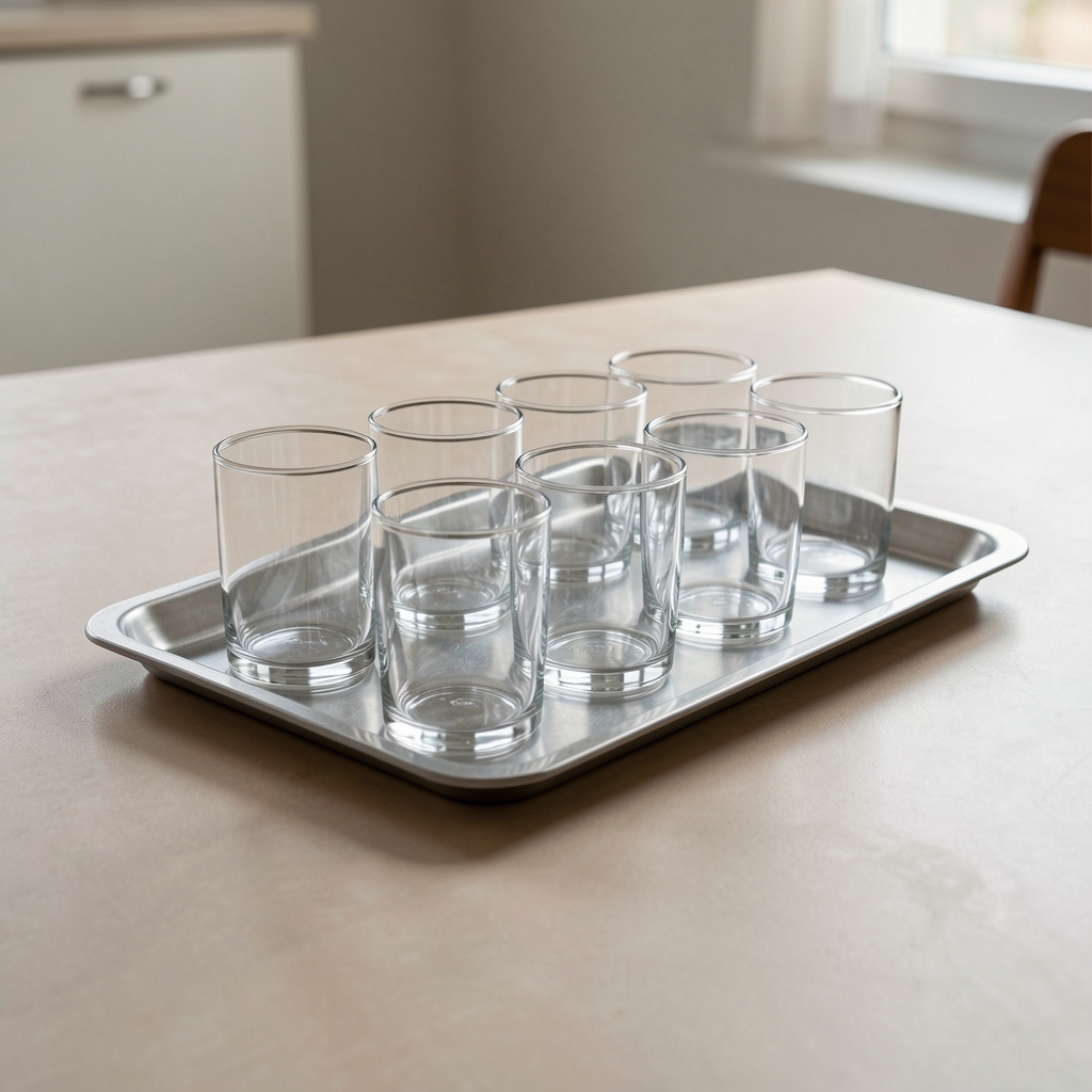 Bandeja rectangular de servicio con vasos de vidrio sobre una mesa despejada sin personas
