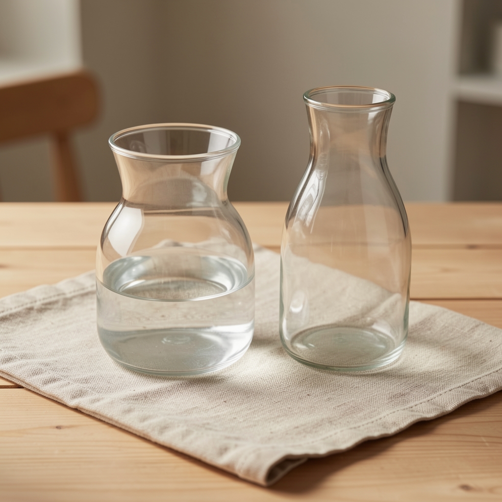 Vasos de vidrio sobre un paño seco junto a instrucciones de cuidado sin personas