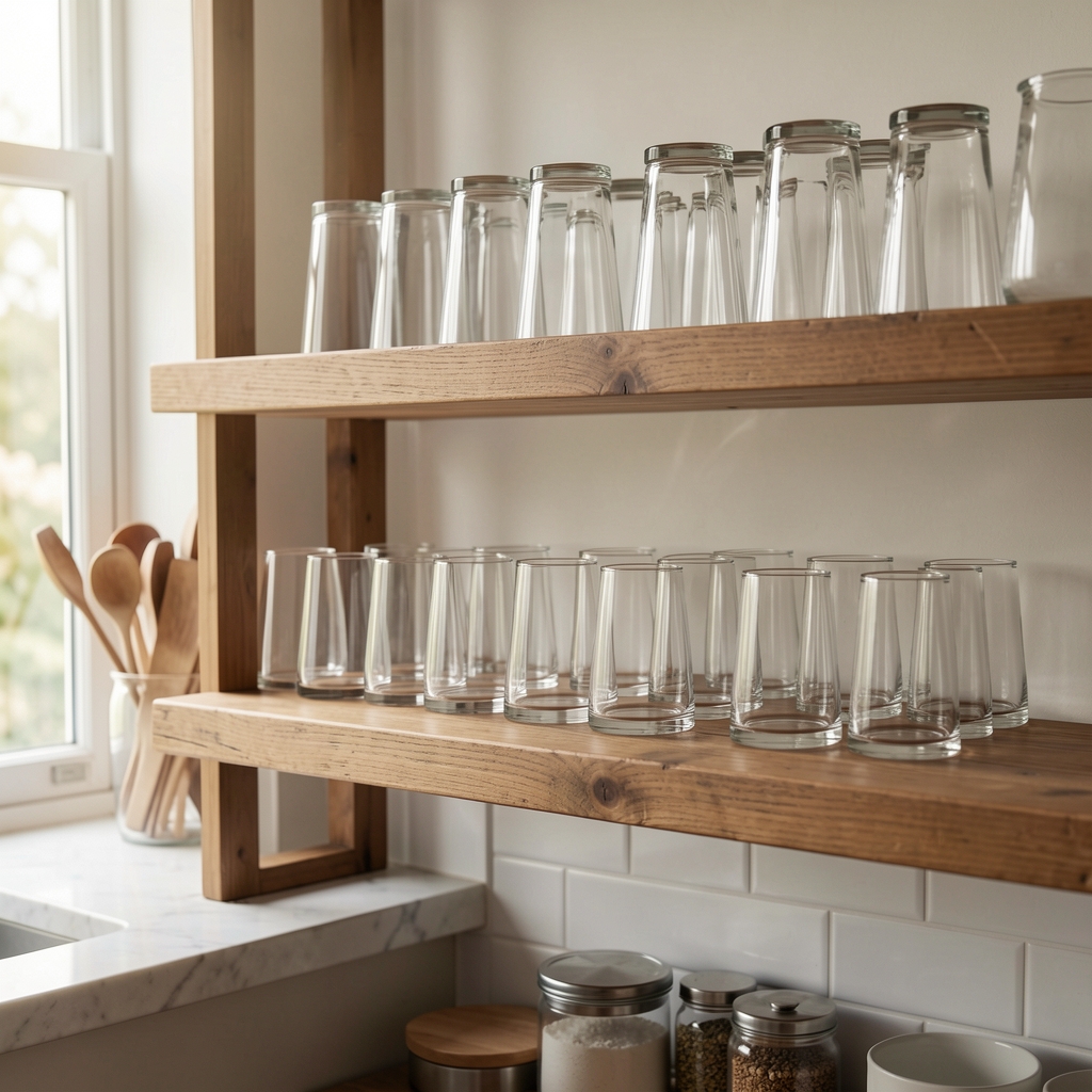 Estante con vasos de vidrio separados y alineados en una cocina sin personas