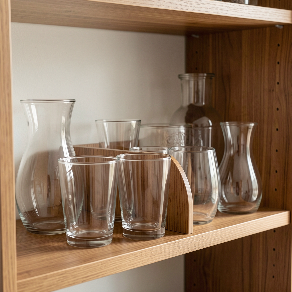 Vasos de vidrio ordenados en un estante doméstico con separadores sin personas