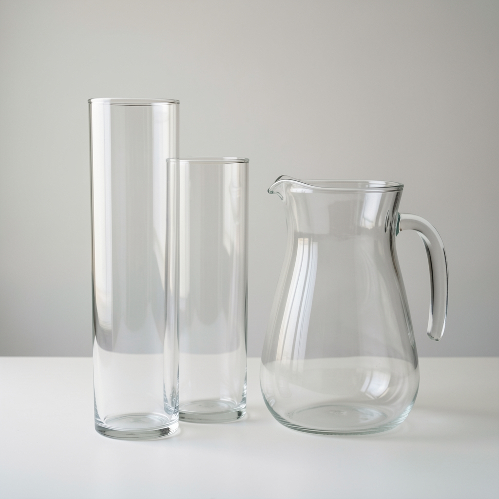 Vasos altos de vidrio transparente junto a una jarra vacía sin personas