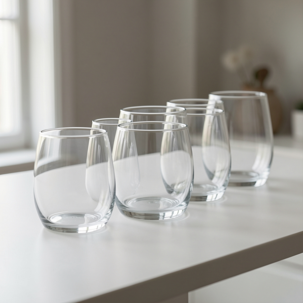 Vasos bajos de vidrio transparente alineados sobre una mesa clara sin personas