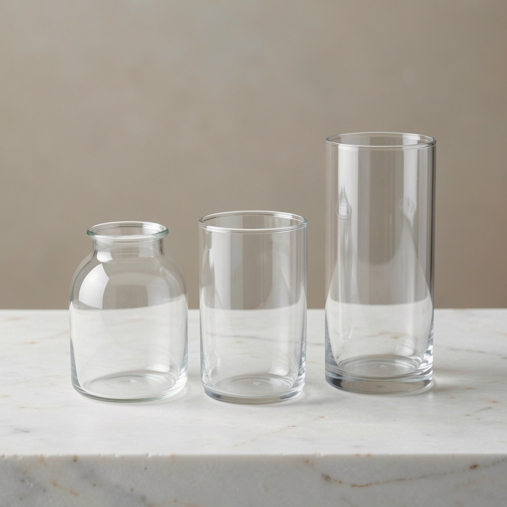 Vasos transparentes de distintos tamaños alineados sobre una superficie de piedra clara