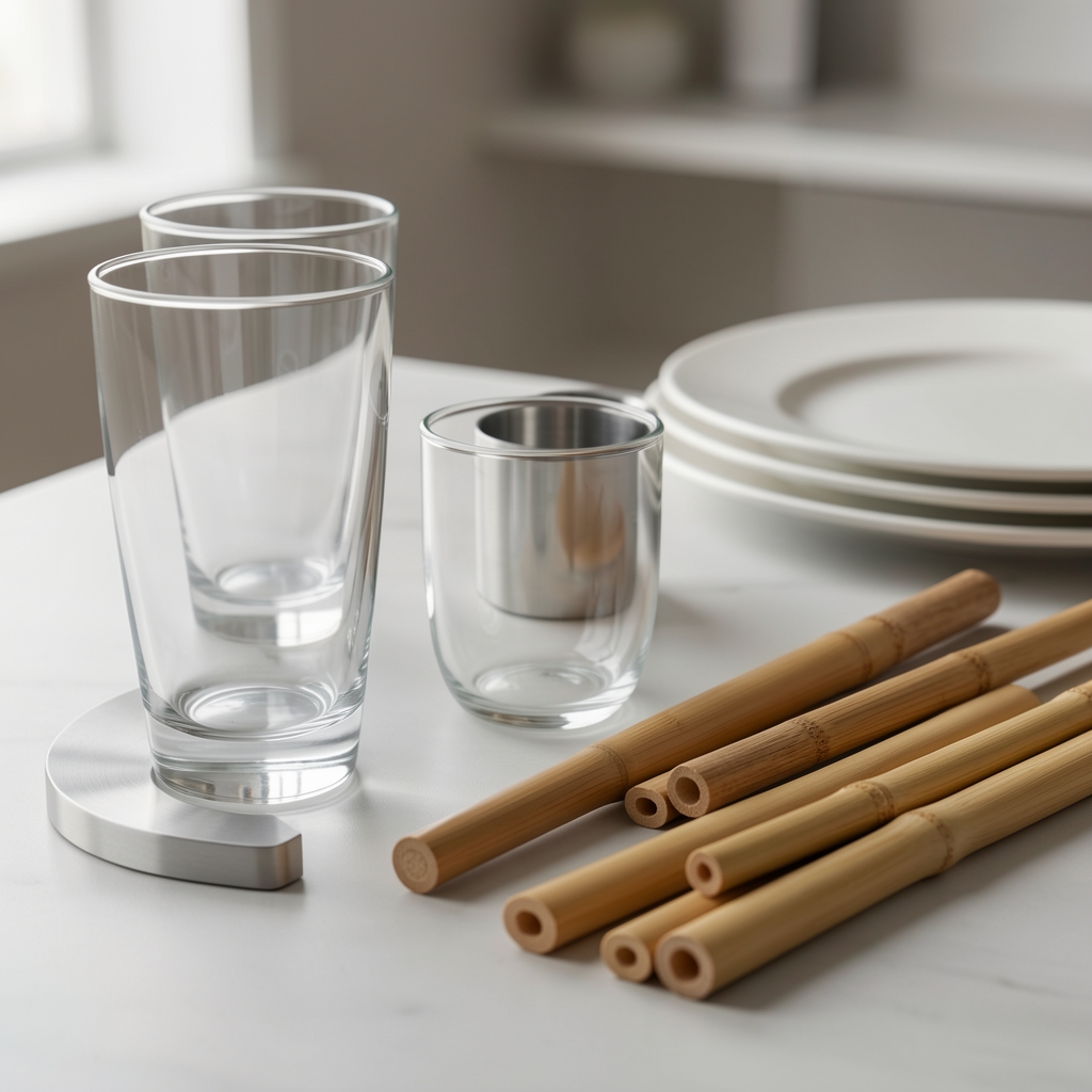 Muestras de vidrio, acero y madera junto a accesorios de servicio sin personas