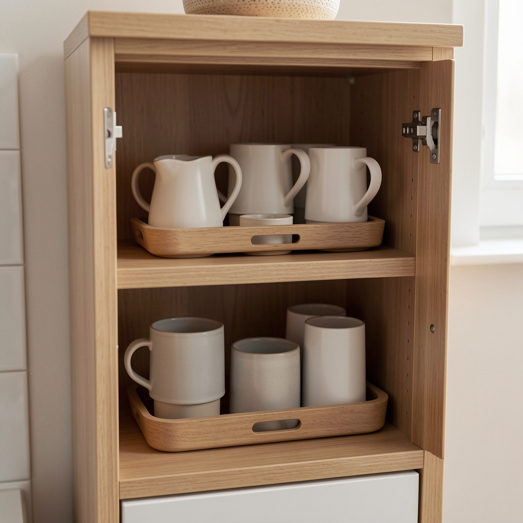 Mueble doméstico compacto con vasos y bandeja organizados sin personas