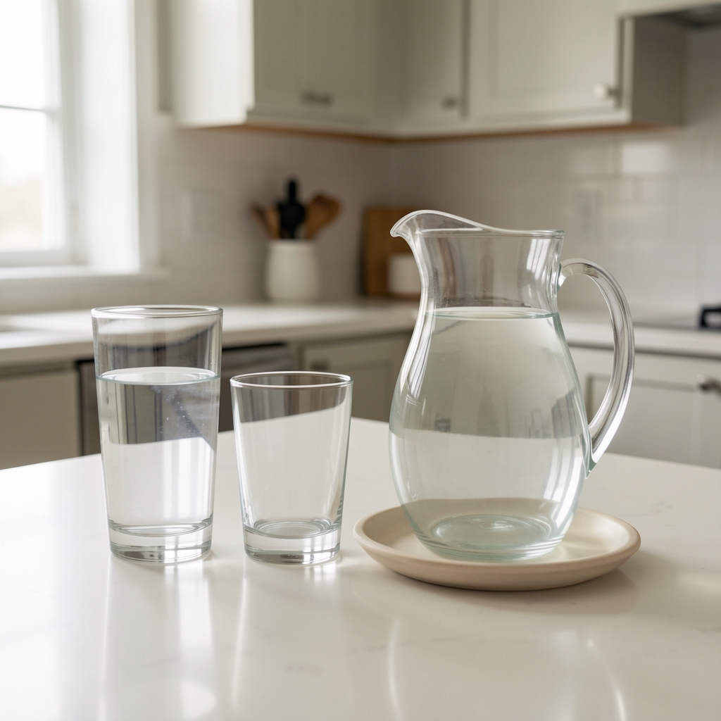 Composición de vasos de vidrio, jarra y bandeja sobre una encimera clara de cocina sin personas