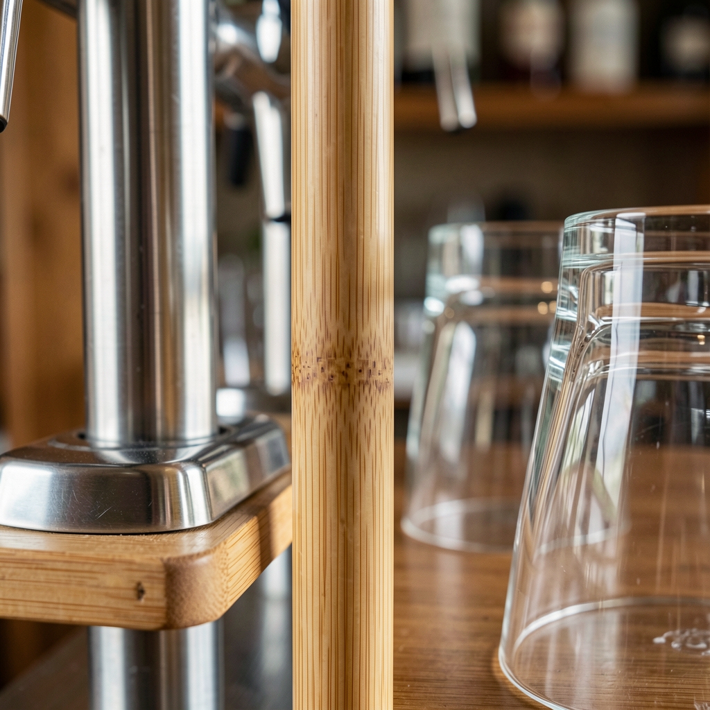 Detalle de textura de bambú, acero y vidrio en accesorios de bar sin personas