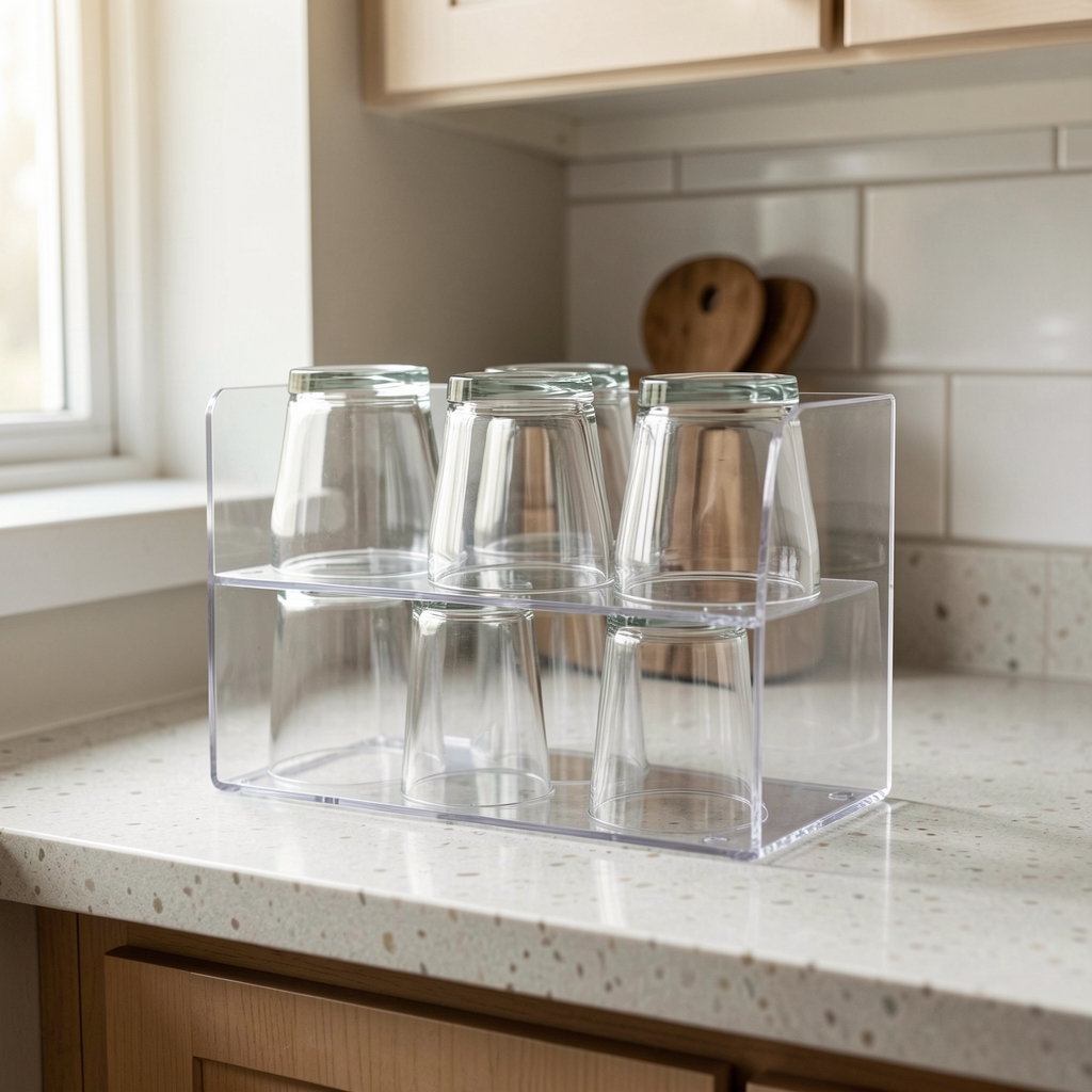 Organizador de vasos transparente sobre una repisa de cocina sin personas