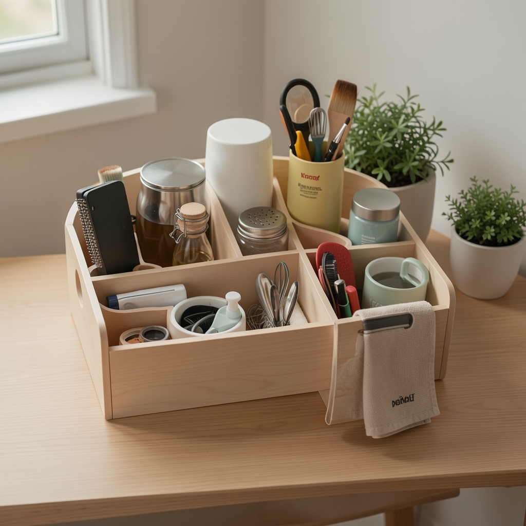Organizador modular de sobremesa con accesorios domésticos colocados en compartimentos