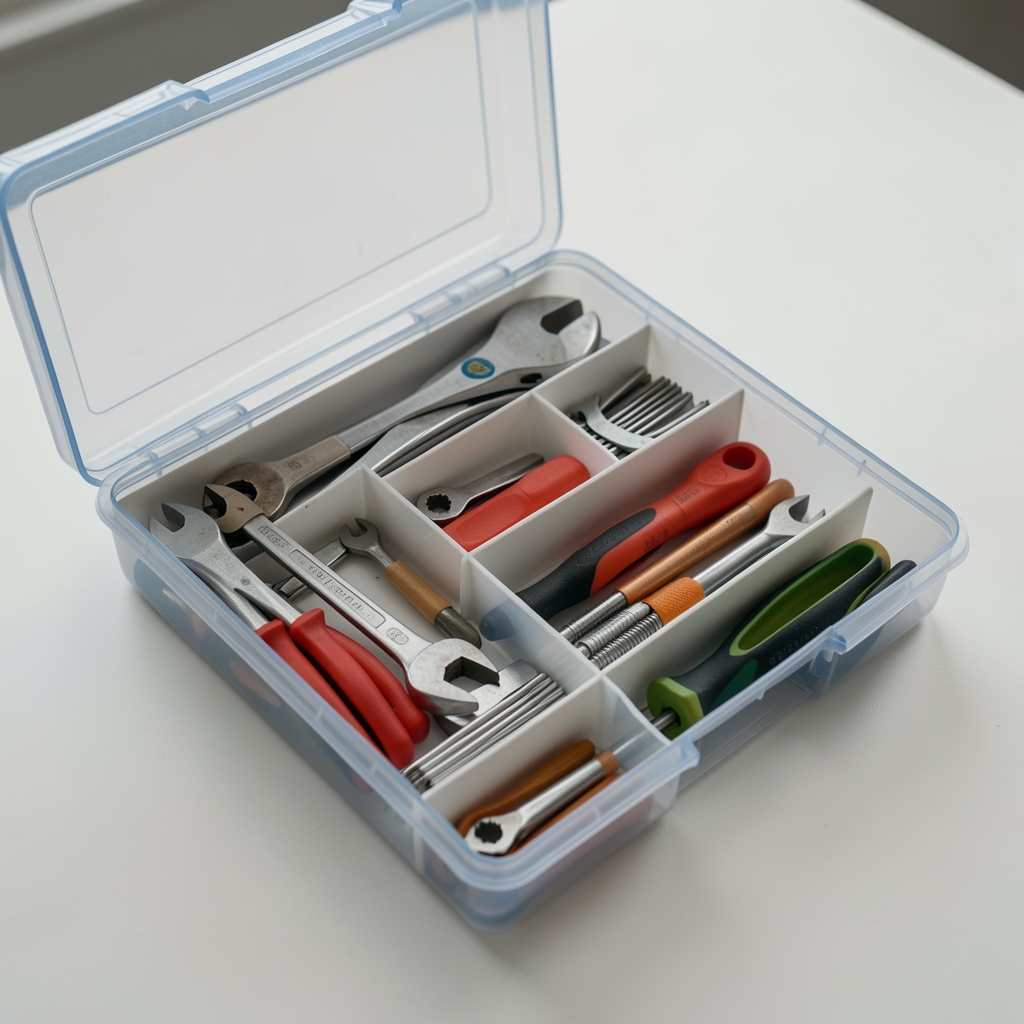 Caja organizadora con herramientas de servicio divididas en compartimentos sin personas