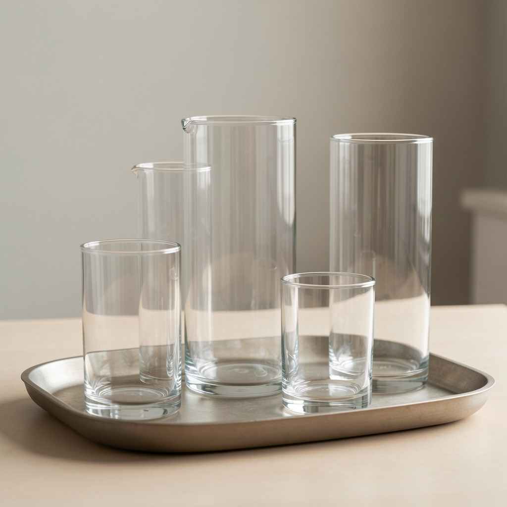 Vasos de vidrio transparente de diferentes capacidades sobre una bandeja sin personas