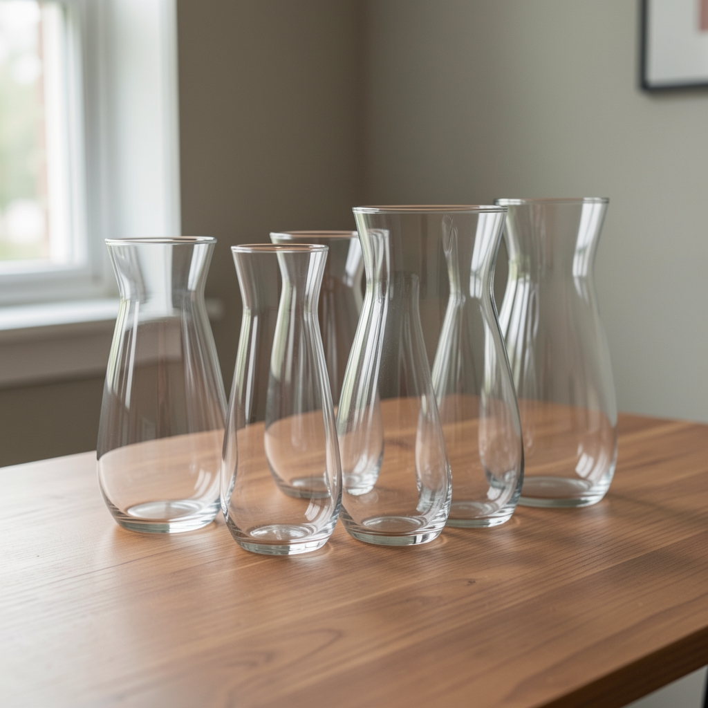 Vasos de vidrio transparente alineados sobre una mesa sin personas