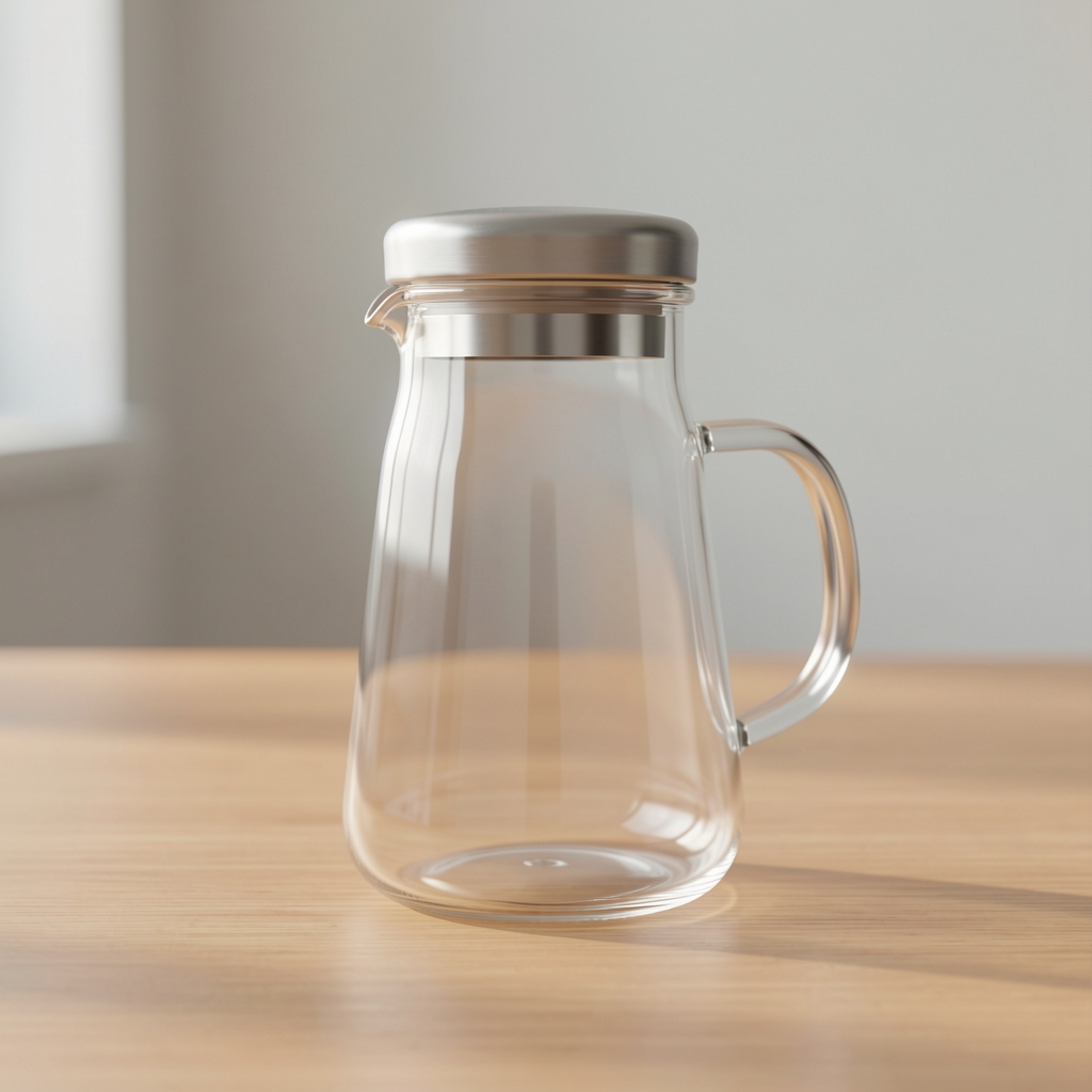Jarra de vidrio transparente con asa y tapa sobre una mesa limpia