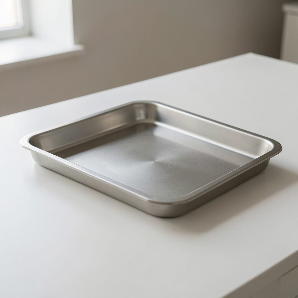 Bandeja rectangular de acero con borde bajo sobre una mesa clara sin personas