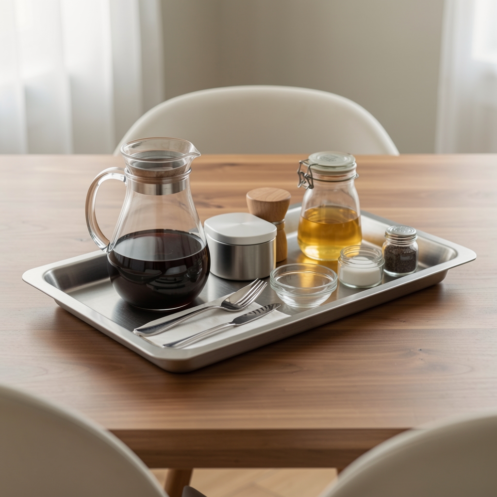 Bandeja rectangular de servicio con jarra y accesorios ordenados sobre una mesa vacía