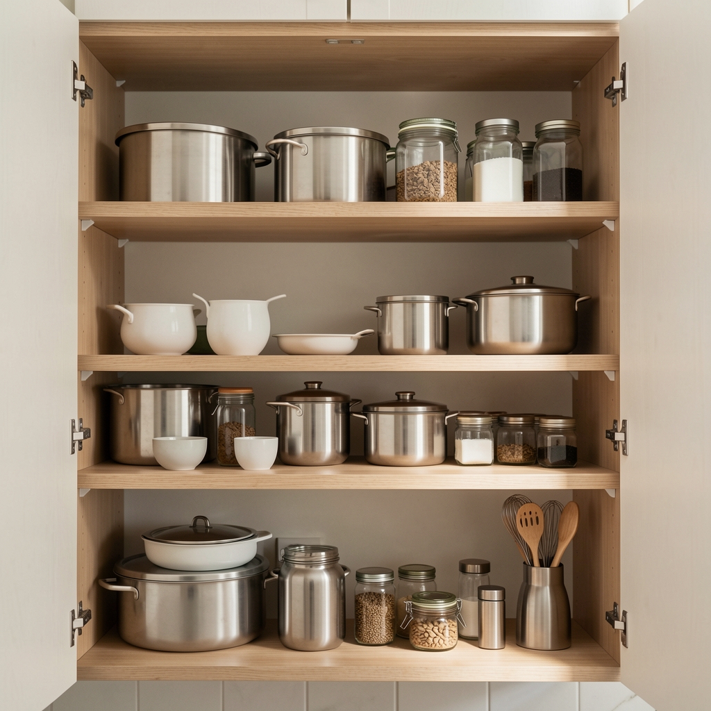 Estante de cocina con recipientes y accesorios agrupados de forma ordenada