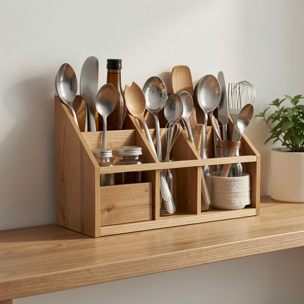 Organizador modular para utensilios de bar sobre una repisa sin personas