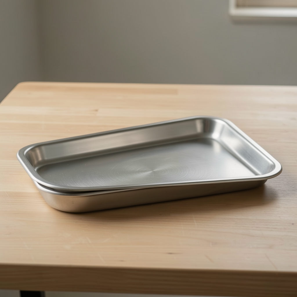 Bandeja rectangular de acero con borde bajo sobre una mesa vacía